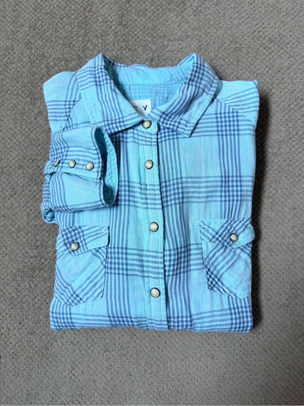 American Eagle Girl’s Size 16 Blue Plaid Pearl Snap Long Sleeve Western Shirt